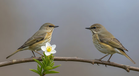 Two small birds perched on branch with white flowerの写真素材