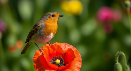 Robin perched atop a vibrant poppy flower in bloomの写真素材