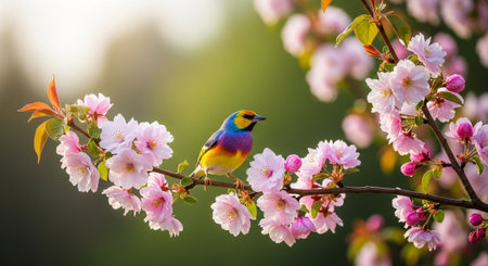 Vibrant bird perched on cherry blossoms in spring lightの写真素材