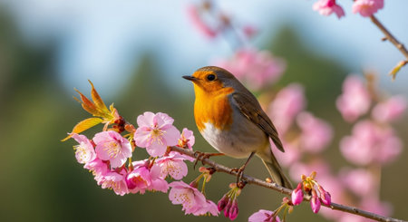Robin perched on cherry blossom branch in spring sunshineの写真素材