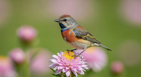 Linnet bird perched on pink aster flower in garden
