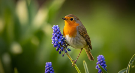 Robin perched upon grape hyacinth blossoms in spring garden