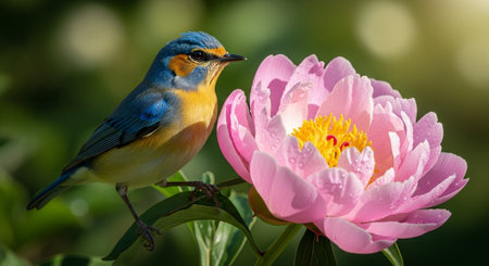 Vibrant bird perches near a blooming pink peony flowerの写真素材