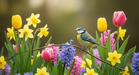 Bird amongst colorful spring flowers in bloom background natureの写真素材
