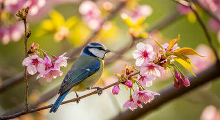 Blue Tit Bird Perched on a Flowering Cherry Branchの写真素材