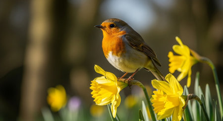Robin bird perched on a bright yellow daffodil bloomの写真素材