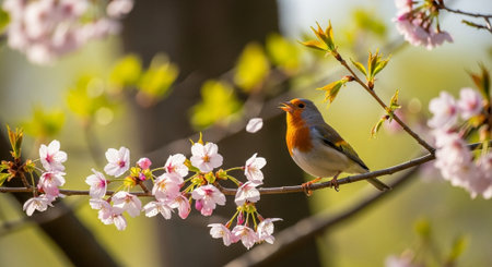 Robin perched on blossoming branch during the spring seasonの写真素材