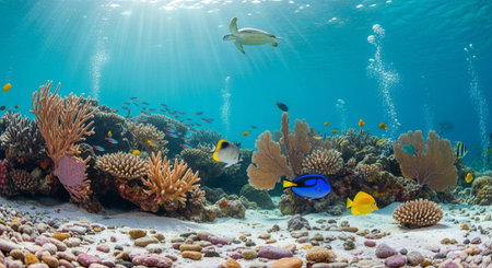 Vibrant coral reef ecosystem with sea turtle and fish