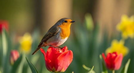 European robin perched on a red tulip blossomの写真素材