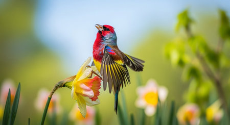 Colorful bird perched on a daffodil flower in spring