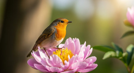 Robin perched gracefully atop a vibrant pink peony blossom