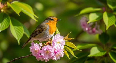 European robin perched on cherry blossom branch springtime scene