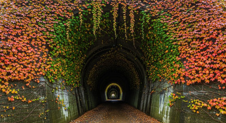 Beautiful view of an old tunnel with colorful autumn leaves in Germanyの写真素材