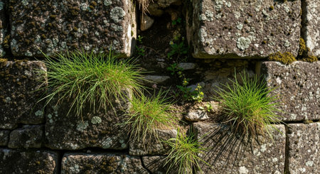Green grass growing on stone wall. Nature background. Green grass growing on stone wall.の写真素材