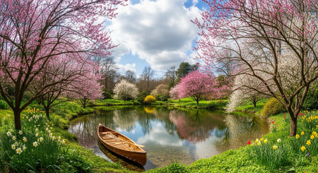 Beautiful spring landscape with blooming trees, lake and wooden boatの写真素材