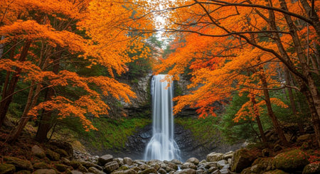 Autumn waterfall in the forest. Colorful autumn landscape with a waterfall.
