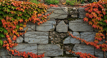 Red and green leaves of Parthenocissus quinquefolia on a stone wall.の写真素材