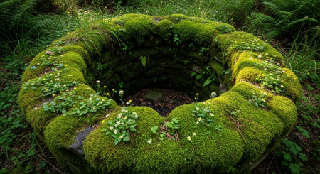 Green moss and flowers in a small stone bowl at a Japanese gardenの写真素材