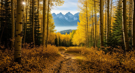 Colorful aspens in the alpine scenery during foliage seasonの写真素材