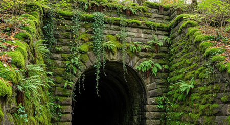 Old stone tunnel with green moss and ferns in the forestの写真素材