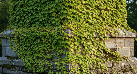 Ivy growing on a stone wall in a park in summer.の写真素材