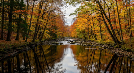 Autumn forest and river with reflection in the water. Beautiful autumn landscapeの写真素材