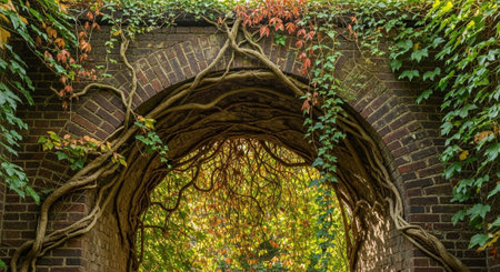 A view of the ivy-covered archway in the park.の写真素材
