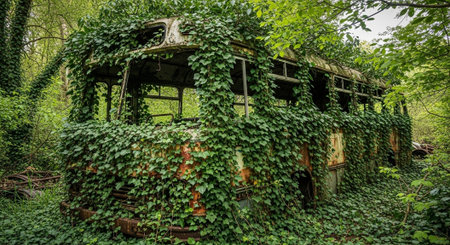 Abandoned old rusty bus covered with ivy in the forestの写真素材