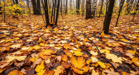 Fallen leaves on the ground in the autumn forest. Autumn backgroundの写真素材
