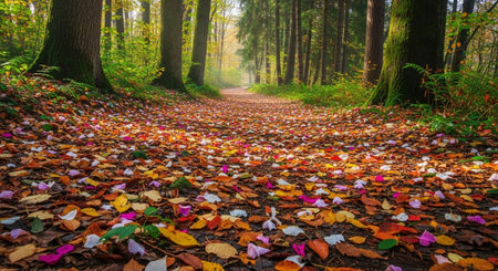 Colorful autumn leaves on the ground in a forest in Poland.