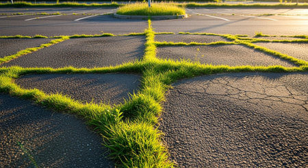Asphalt road with green grass at sunsetの写真素材