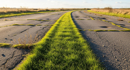 Asphalt road through the field with green grass on the roadside.の写真素材