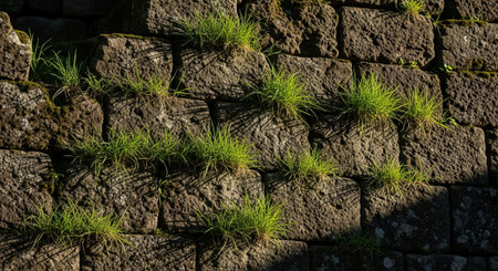 Green grass growing on old brick wall in garden. Nature background.の写真素材