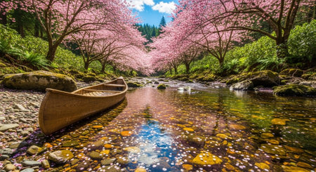 Cherry blossoms in full bloom with wooden boat in the streamの写真素材