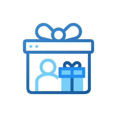 Stylized blue gift icon on White Background with stick figureのイラスト素材