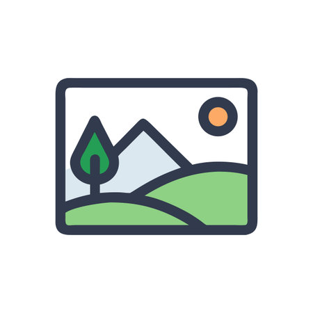 Minimalist landscape scenery vector graphic with sun, tree, mountain