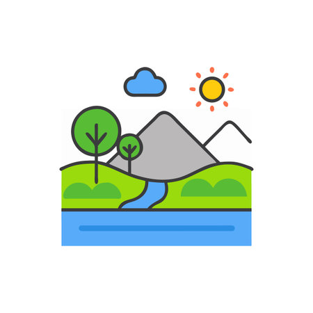 Cartoon landscape illustration with mountain stream and sunny weatherのイラスト素材