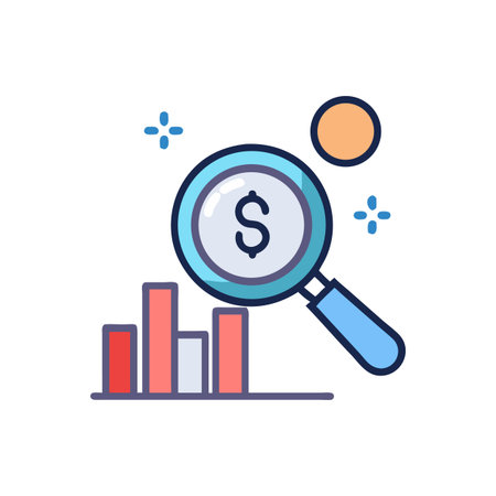 Financial analysis magnifying glass looking at data bar graphのイラスト素材