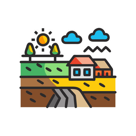 Vibrant countryside illustration of homes under the sun and cloudsのイラスト素材