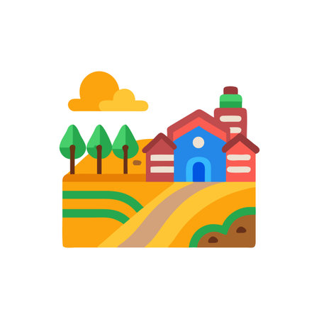 Flat vector illustration of a farm landscape at sunsetのイラスト素材