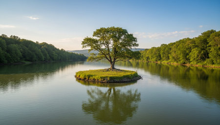 Serene River and Lake Landscape Photographyの写真素材
