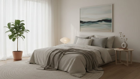 Beautiful Bedroom Room Scene Background for Creative Designの写真素材