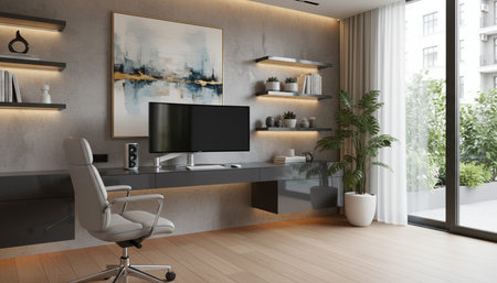 Modern Creative Workspace Interior Scene Backgroundの写真素材