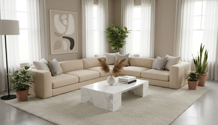 Bright Sunlit Home Interior with Indoor Plants Background