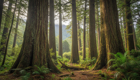 Beautiful Natural Forest Landscape with Trees and Green Plants Backgroundの写真素材