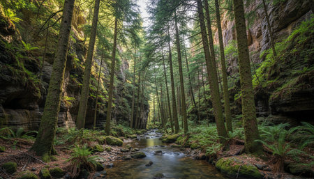 Beautiful Natural Forest Landscape with Trees and Green Plants Backgroundの写真素材