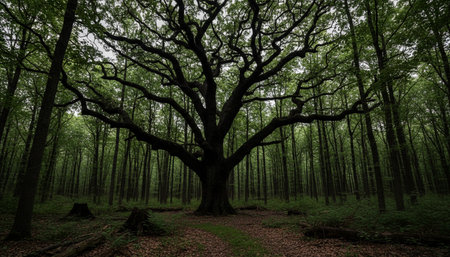 Beautiful Natural Forest Landscape with Trees and Green Plants Background