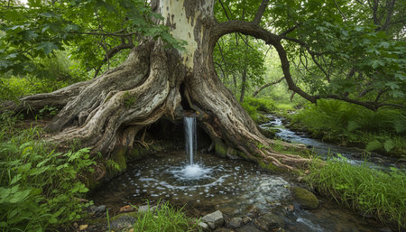 Beautiful Natural Forest Landscape with Trees and Green Plants Background