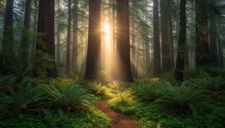 Beautiful Natural Forest Landscape with Trees and Green Plants Background