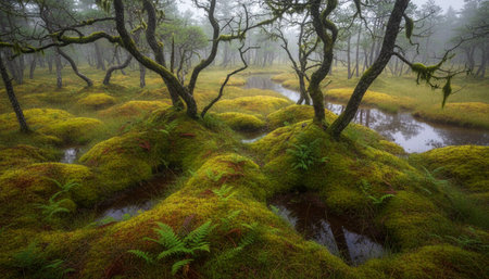 Beautiful Natural Forest Landscape with Trees and Green Plants Background